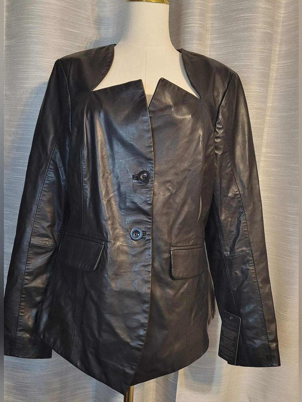 Women's Black Leather Button-Front Blazer Jacket
